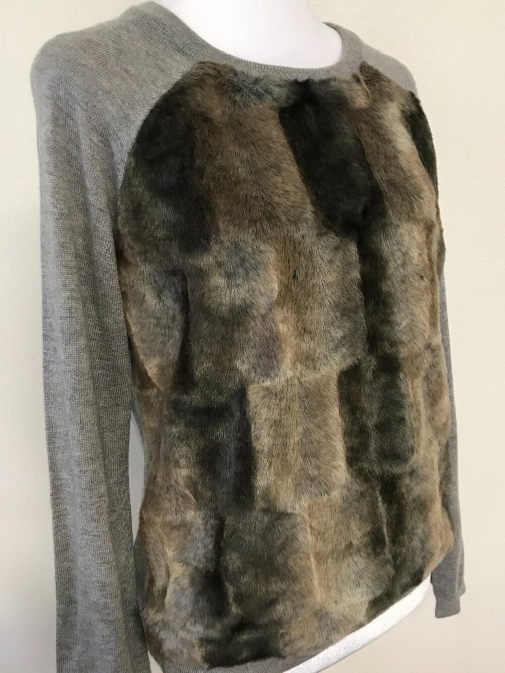 Bar III Gray Faux Fur Front Sweater Small Cozy Long Sleeve Top